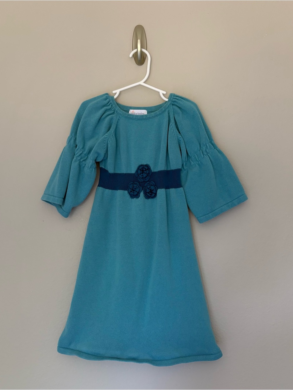 American Girl Bitty Baby Cozy Play Sweater Dress Teal Blue Cotton Girls 6/6X